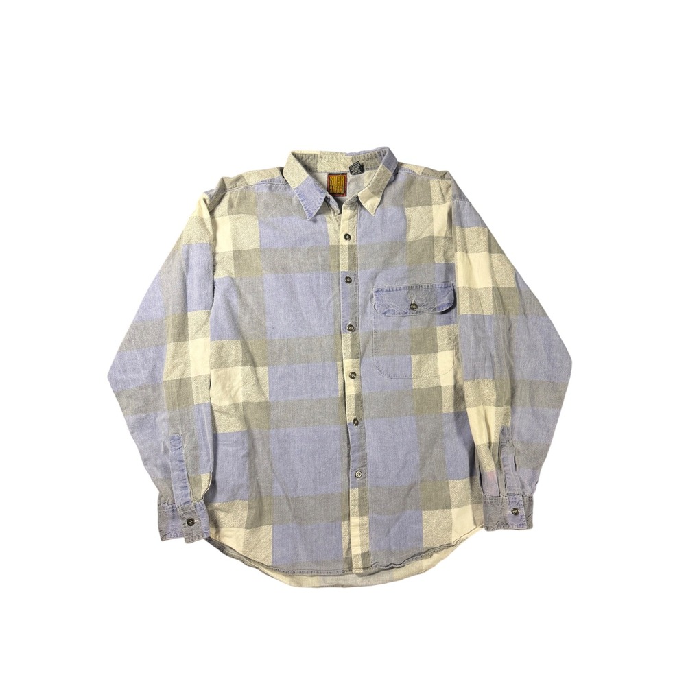Shah Safari Mens Large Blue Grey Plaid Cotton Long Sleeve Button Down Shirt